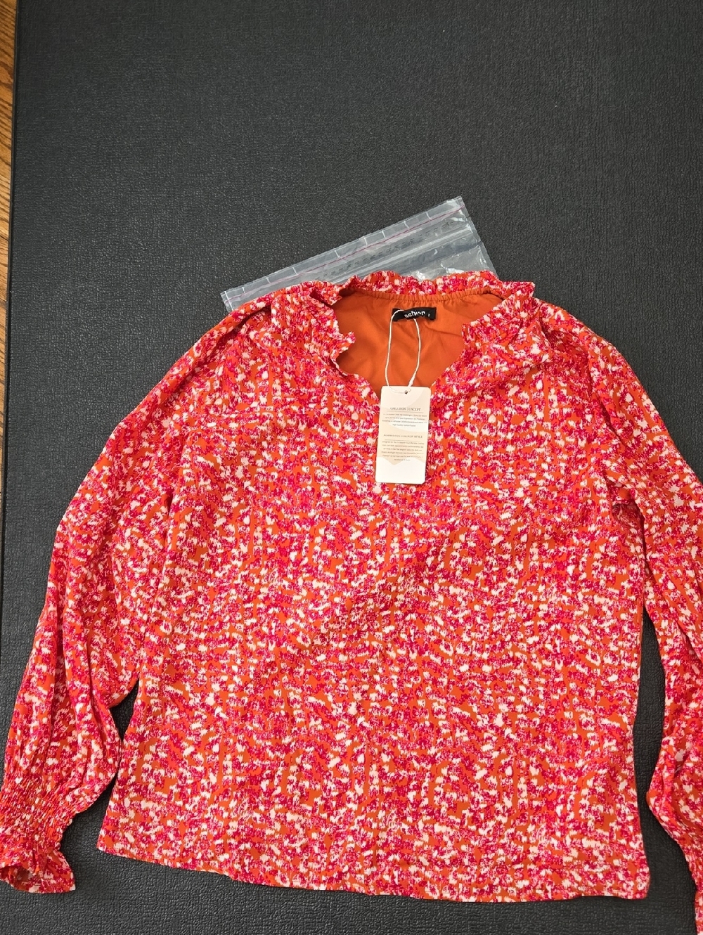Woven Ruffle-Neck Long-Sleeve Top in Red Floral